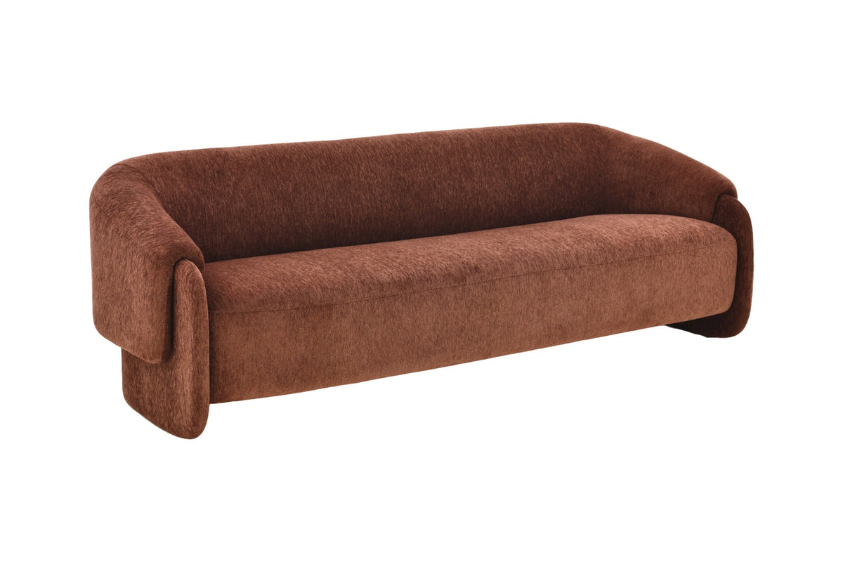 Canapé moderne aux lignes arrondies, avec assise généreuse et accoudoirs enveloppants, idéal pour un salon contemporain.