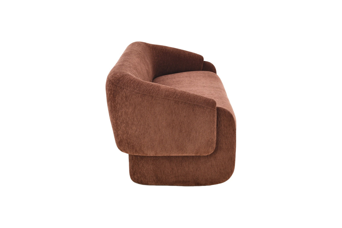 Canapé moderne aux lignes arrondies, avec assise généreuse et accoudoirs enveloppants, idéal pour un salon contemporain.