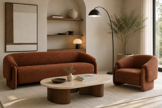 Canapé moderne aux lignes arrondies, avec assise généreuse et accoudoirs enveloppants, idéal pour un salon contemporain.