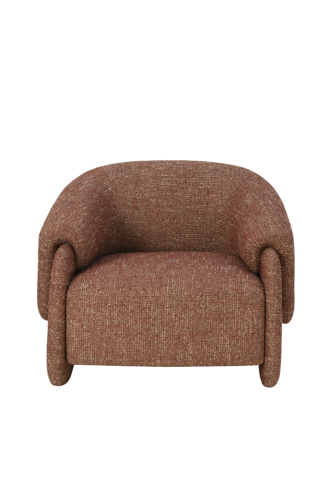 Bergère moderne en tissu avec dossier arrondi et accoudoirs enveloppants, idéale pour un salon élégant et contemporain.
