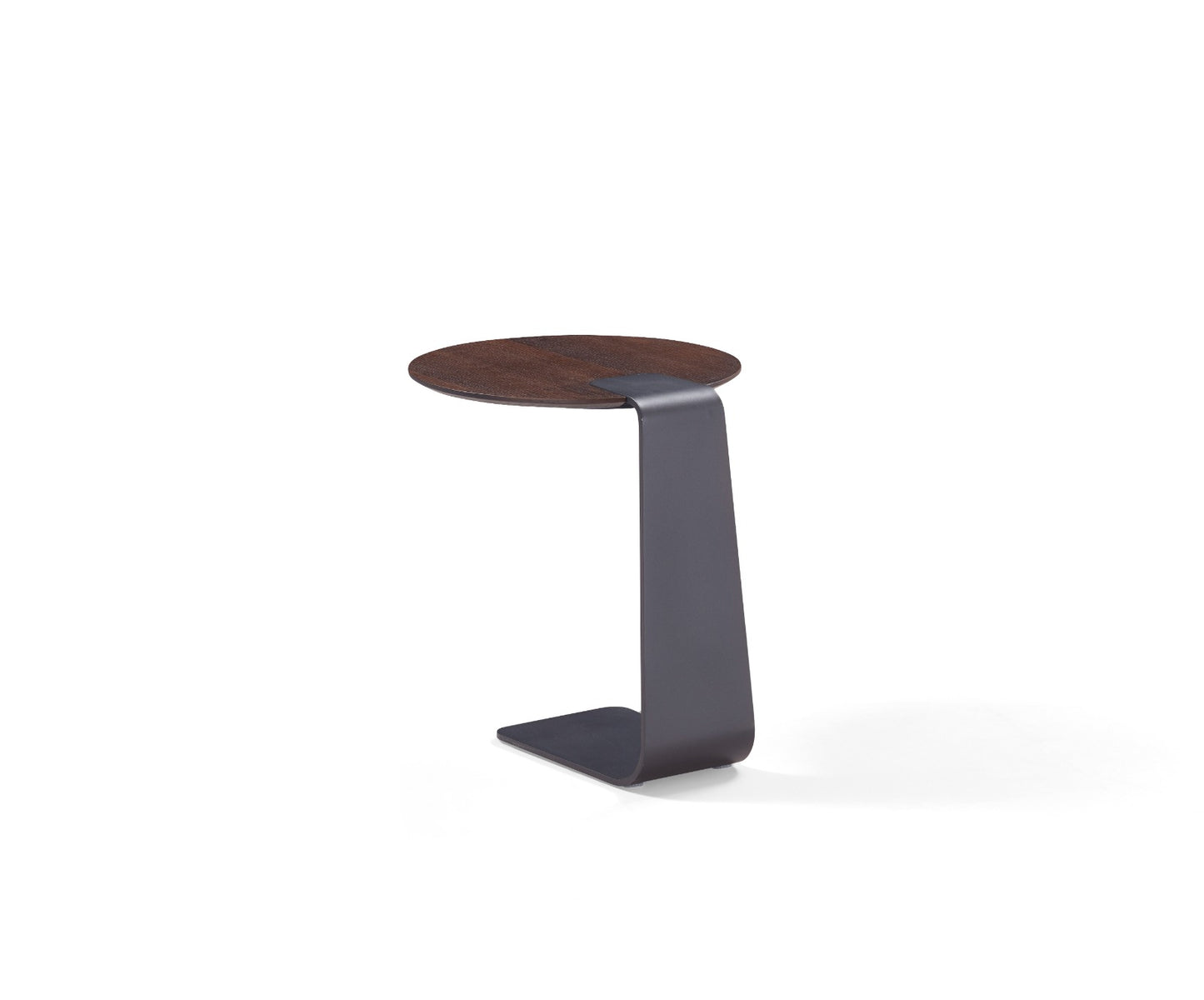 Table d’appoint ronde avec plateau en bois et piètement métallique noir au design moderne et minimaliste.