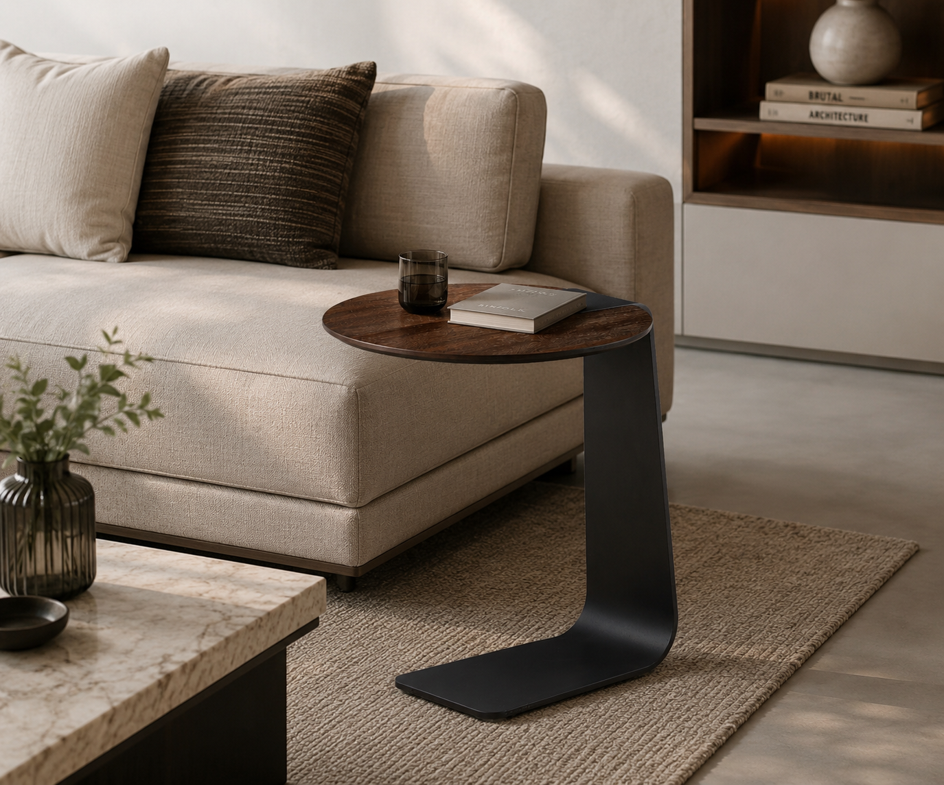 Table d’appoint ronde avec plateau en bois et piètement métallique noir au design moderne et minimaliste.