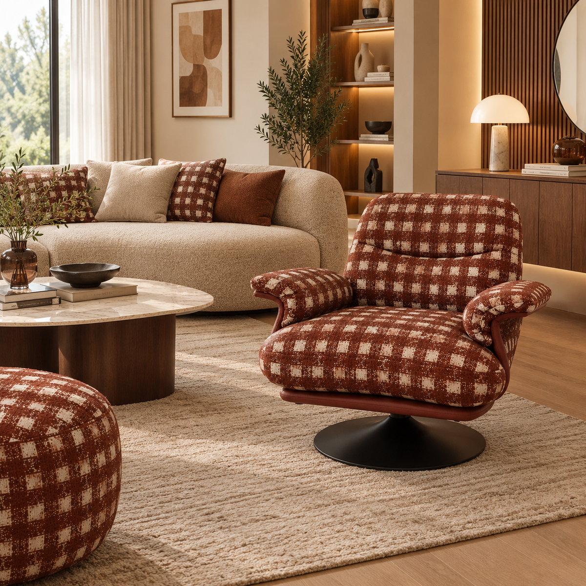 Bergère contemporaine pivotante à 360° avec assise confortable et dossier enveloppant.