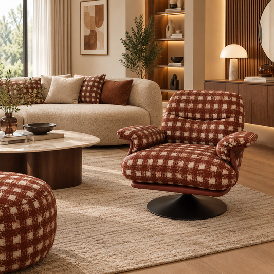 Bergère contemporaine pivotante à 360° avec assise confortable et dossier enveloppant.
