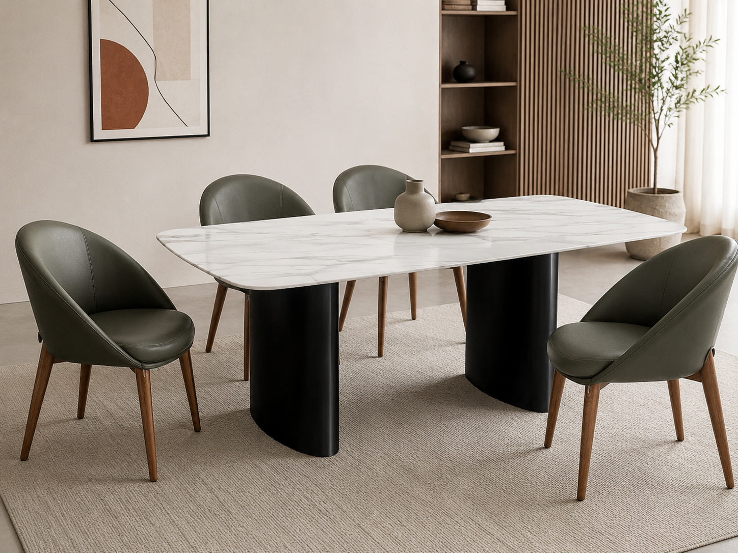 Table à manger moderne avec plateau arrondi et piètement design, idéale pour une salle à manger contemporaine.