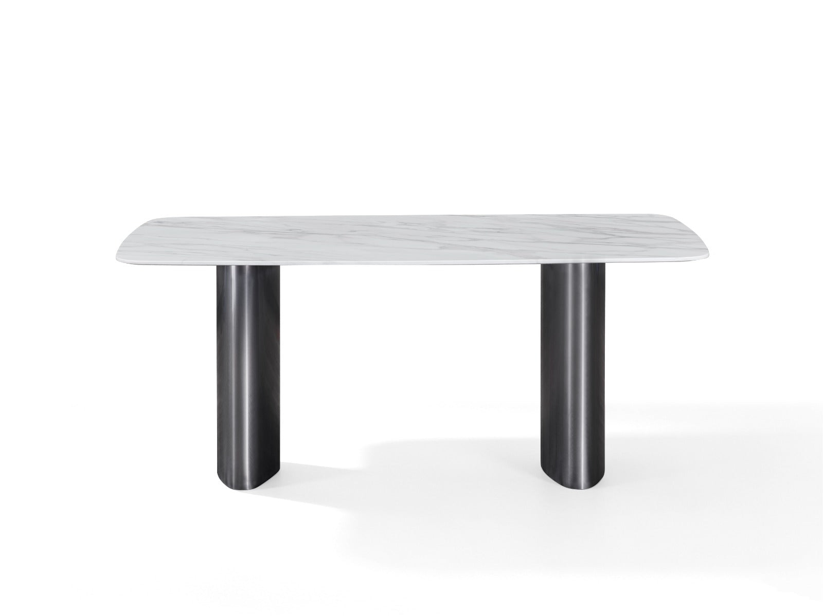 Table à manger moderne avec plateau arrondi et piètement design, idéale pour une salle à manger contemporaine.
