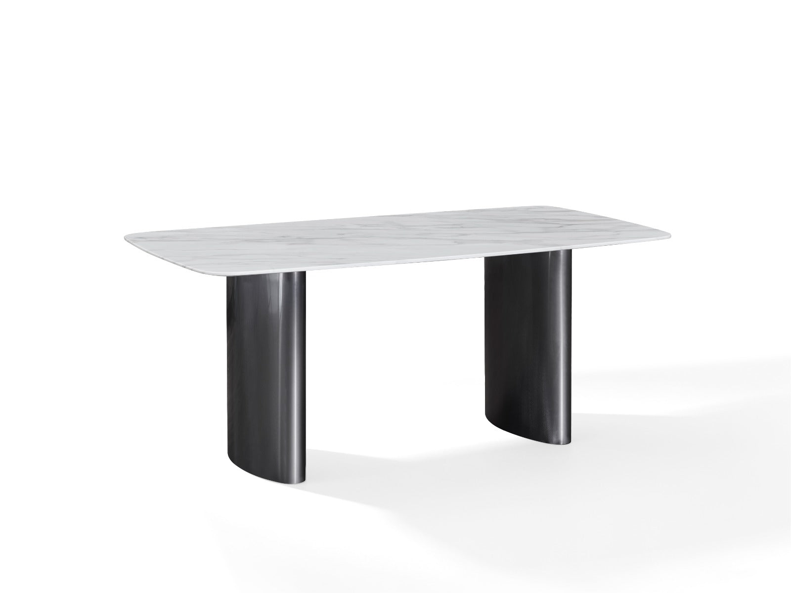 Table à manger moderne avec plateau arrondi et piètement design, idéale pour une salle à manger contemporaine.
