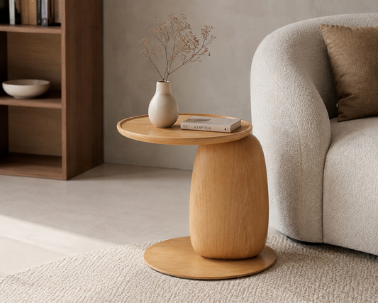 Table d’appoint ronde au design sculptural, avec plateau circulaire et piètement central arrondi, idéale pour un salon moderne.