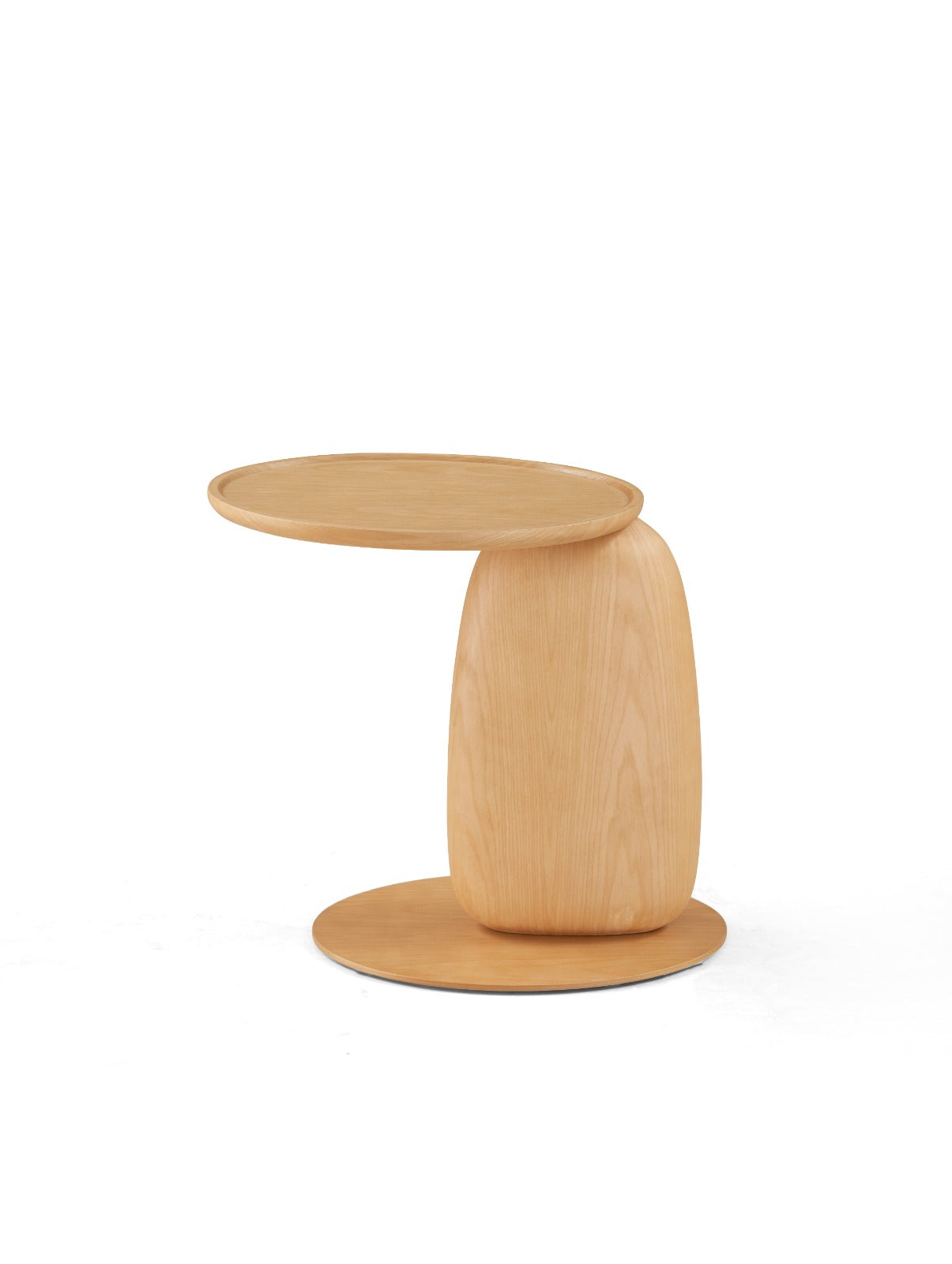 Table d’appoint ronde au design sculptural, avec plateau circulaire et piètement central arrondi, idéale pour un salon moderne.