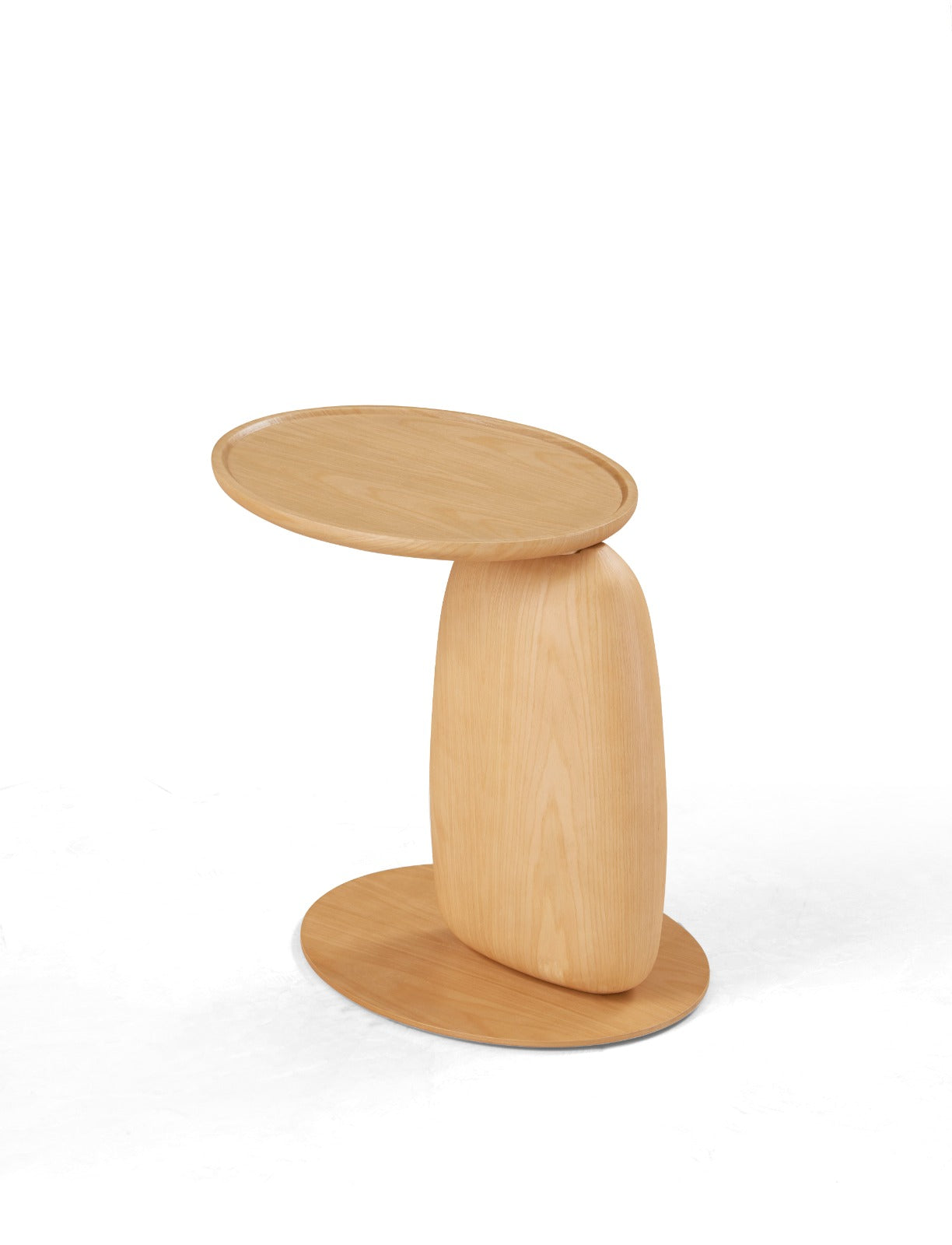 Table d’appoint ronde au design sculptural, avec plateau circulaire et piètement central arrondi, idéale pour un salon moderne.