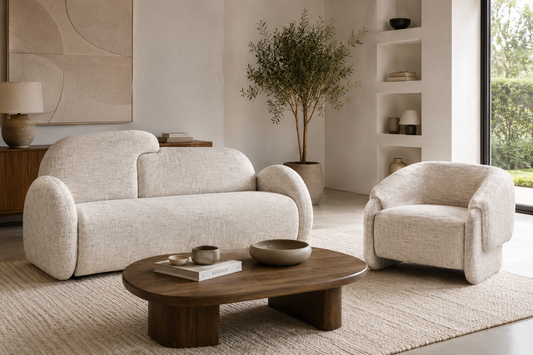 Canapé moderne aux formes arrondies, revêtu d’un tissu texturé, avec accoudoirs larges et assise profonde, installé dans un intérieur lumineux au style épuré.