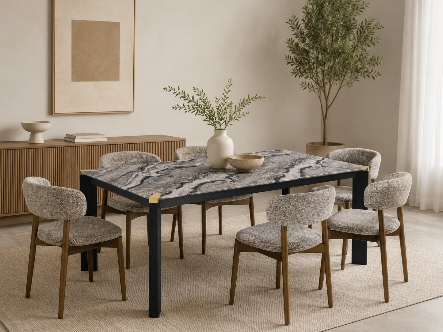 Table à manger moderne avec plateau effet marbre et structure élégante, accompagnée de chaises rembourrées.