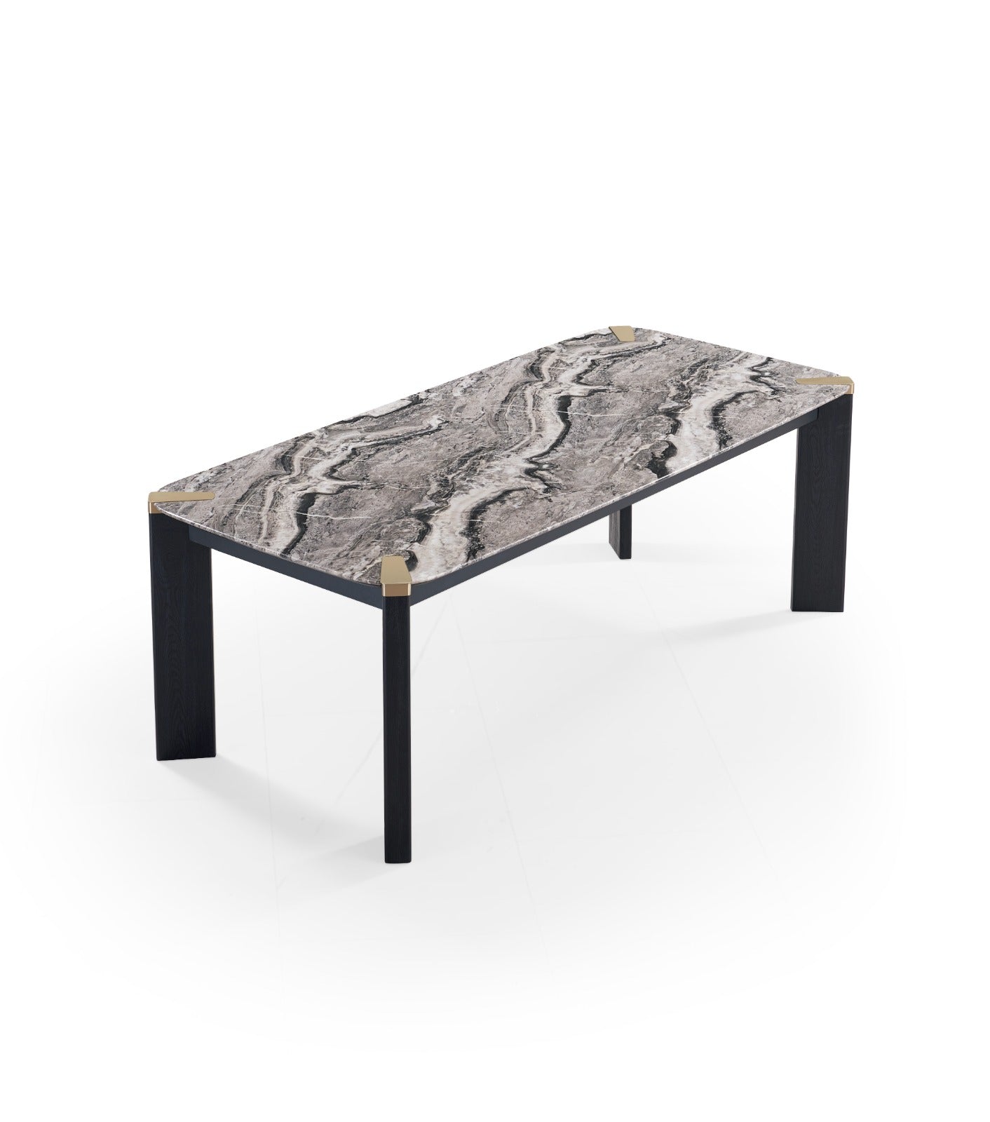 Table à manger moderne avec plateau effet marbre et structure élégante, accompagnée de chaises rembourrées.