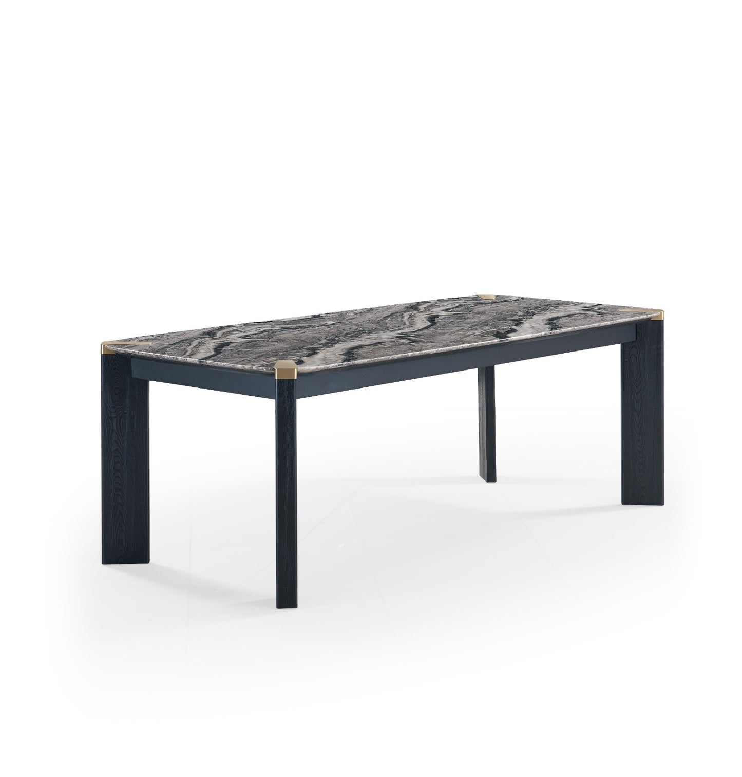 Table à manger moderne avec plateau effet marbre et structure élégante, accompagnée de chaises rembourrées.
