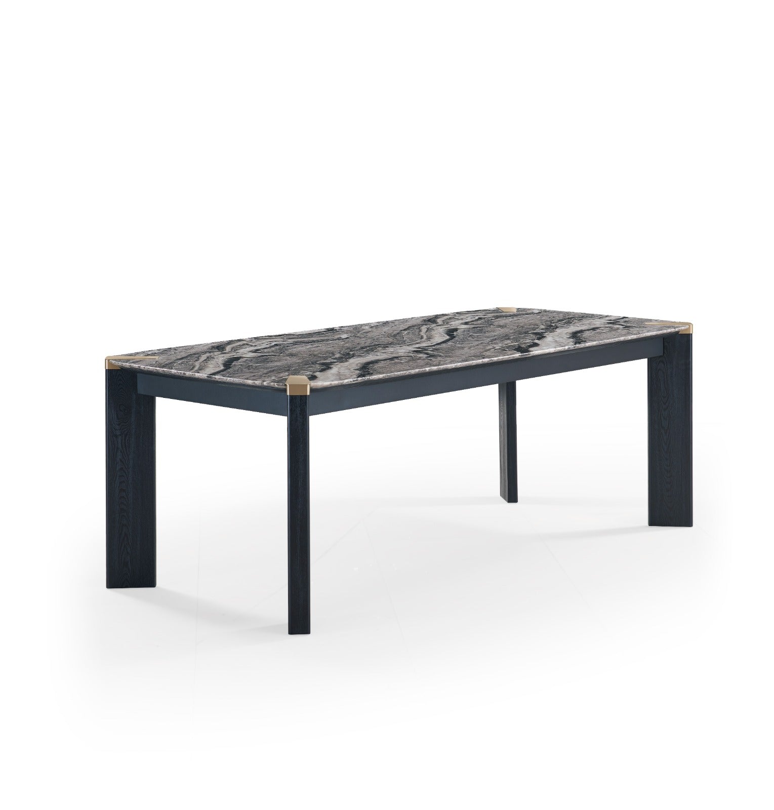 Table à manger moderne avec plateau effet marbre et structure élégante, accompagnée de chaises rembourrées.